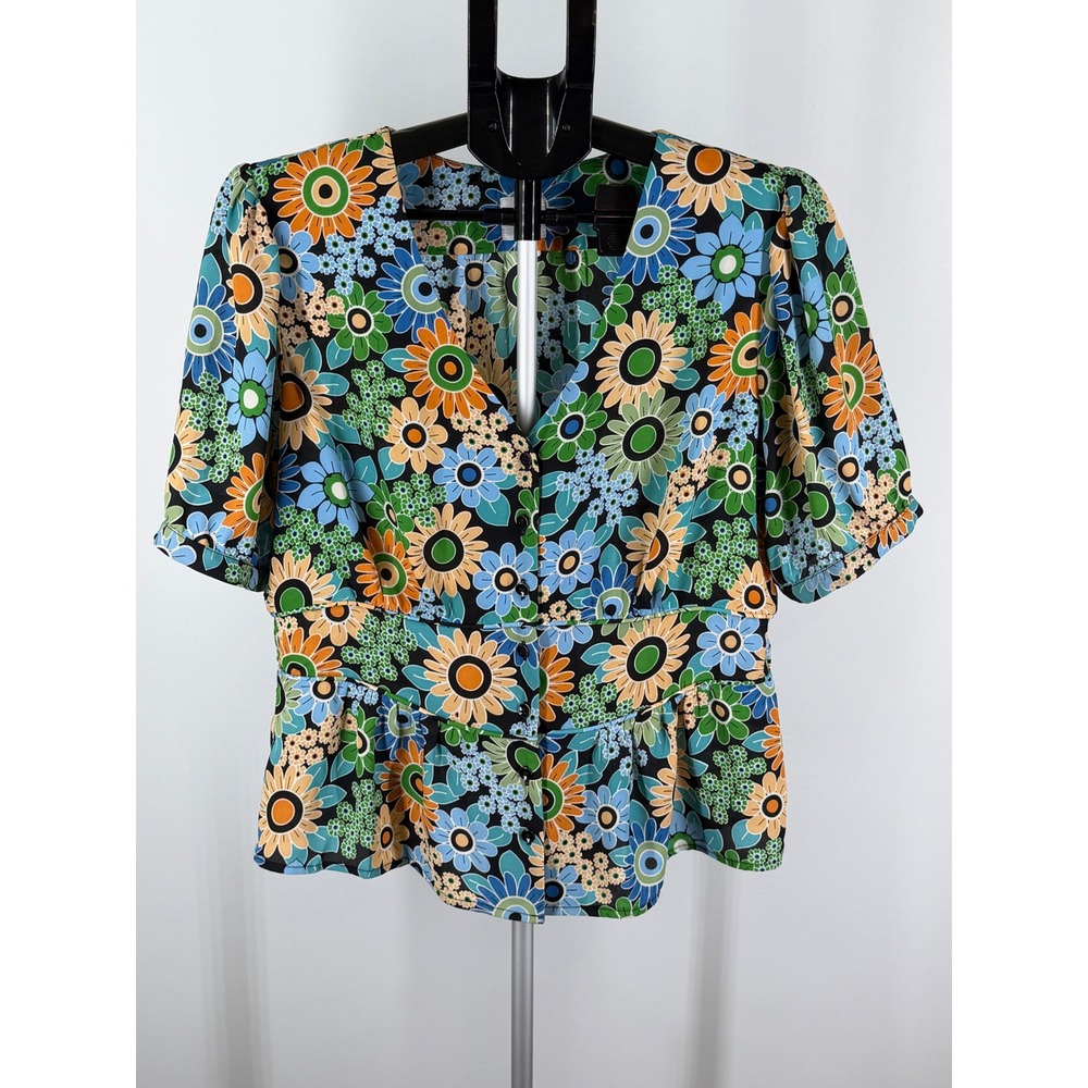 Cabi Floral Peplum Top Womens Medium Blue Green Orange Retro Button Blouse
